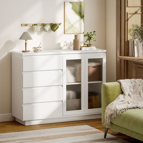 Wohnzimmer-Sideboard, Aufbewahrungsmöbel mit 4 Schubladen und 2 Türen aus Sicherheitsglas, verstellbarer Einlegeboden, 120 x 40 x 91 cm, weiß