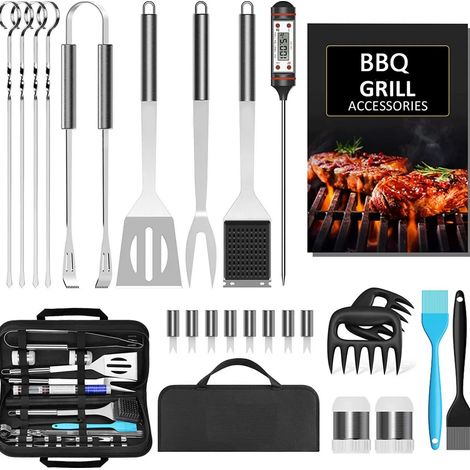 25 pièces accessoires de barbecue, acier inoxydable, thermomètre numérique inclus, mallette de transport, idéal pour extérieur (1/5)