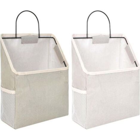 2 Pièces Sac de Rangement Suspendu Mural, Panier de Rangement en Coton et Lin avec Crochet, Poche Rangement Mural avec Cadre en Métal, Gris et Blanc Organisateur Mural Suspendu (1/5)