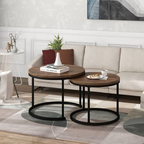 Tavolini impilabili (2 pezzi) Tavolino rotondo, 70,5 x 50 cm (45,5 x 44 cm) MDF, rovere e nero