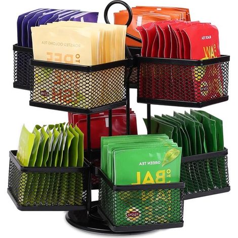 Caja para té，Almacenamiento de té，Caja para té con 8 compartimentos，Caja giratoria de 360° para bolsitas de té，2 niveles，Negra (1/5)