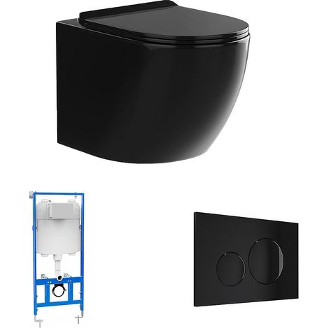 Pack WC suspendu noir brillant avec bâti-support et plaque de déclenchement - JAVOINE (1/4)