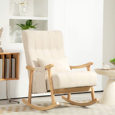 Fauteuil à bascule rembourré avec coussin lombaire et poche latérale, cadre en bois, beige DESVIAE (1/5)