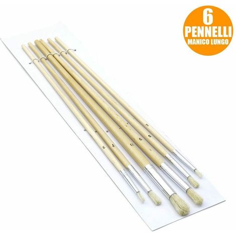 Set 6 Pennelli Piatti Manico Legno Lungo Vari Spessori Hobby Pittura Artico