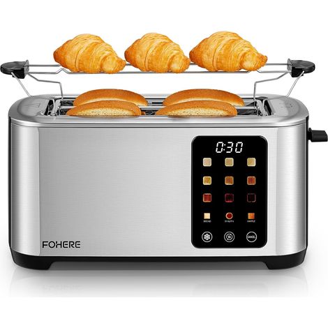 Grille Pain 4 Tranches, Longue Fente Toaster avec écran Tactile, 9 Niveaux de Dorage, 3 Types de Pain, Inox Grille Pain, Tiroir Ramasse Miettes Amovible, D'annulation/Décongélation/Réchauffage, Argent (1/5)