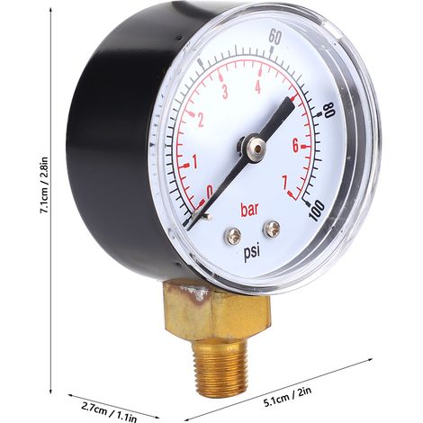 Manomètre 50mm avec raccord 1/8 BSPT inférieur pour air, eau, huile, gaz (0-100 PSI, 0-7 bar) (1/5)