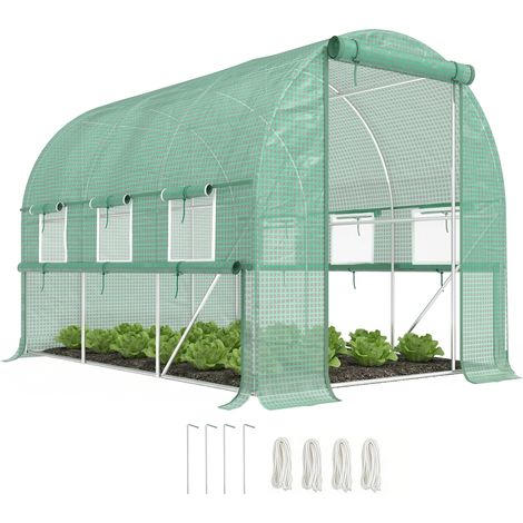 Serre de potager 3x2x2m en acier avec revêtement en PE, portes à fermeture éclair et fenêtres en filet, verte