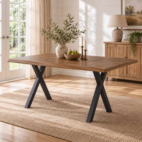 Table à Manger Industrielle 160x78x77 cm avec Pieds en X en Fer, Plateau de 28 mm et Bords Ondulés, 4 à 6 Personnes - Noyer (1/5)