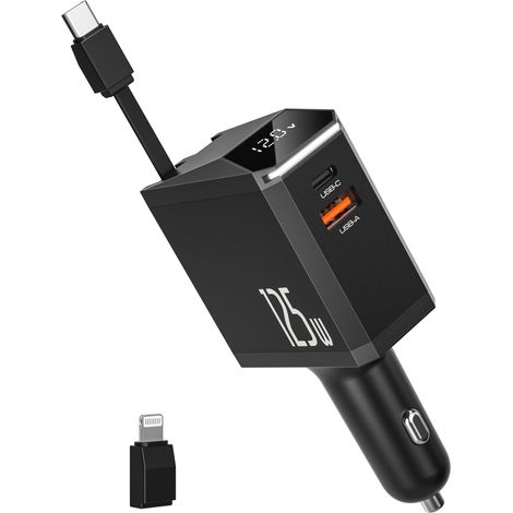 125W Chargeur Voiture Retractable,Chargeur Allume Cigare USB C Charger Téléphone Rapide avec Rrétractable Câble de Type-C,Adaptateur Prise Allume Cigare Chargeur de Voiture pour iPhone,Galaxy (1/5)