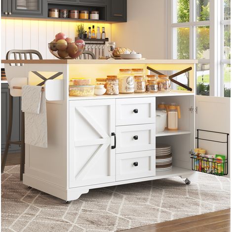REDOM - Carro de cocina 120x43x98 cm, tablero abatible, iluminación LED inteligente, estantes en puertas, MDF blanco (1/5)