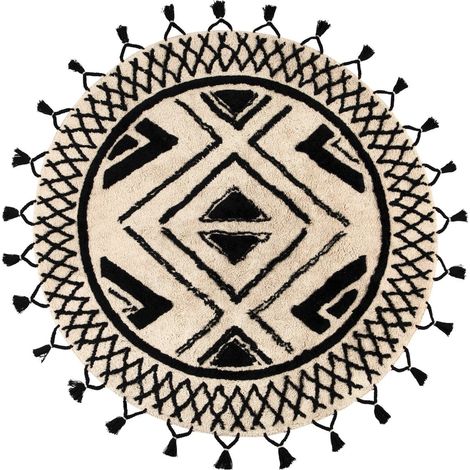Tapis Rond Style Berbère 100% Coton Ø 160 cm - Motif Géométrique Chic avec Pompons - PANGIVO (1/4)