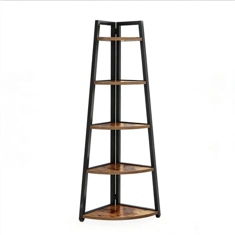 Estantería de esquina de 5 niveles en metal y madera, mueble de almacenamiento negro y marrón (1/5)