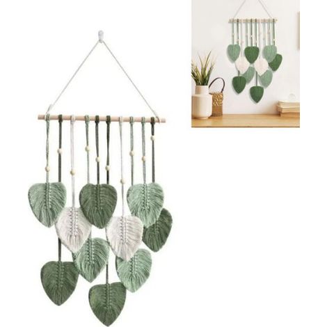 Macramé Tenture Murale Boho Déco,avec Feuilles Vertes Tapisserie Tenture Murale pour Chambre enfants Décoration Murale (Vert) (1/5)