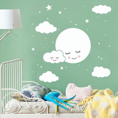 Stickers muraux décoratifs avec visage souriant, étoiles et nuages (1/5)
