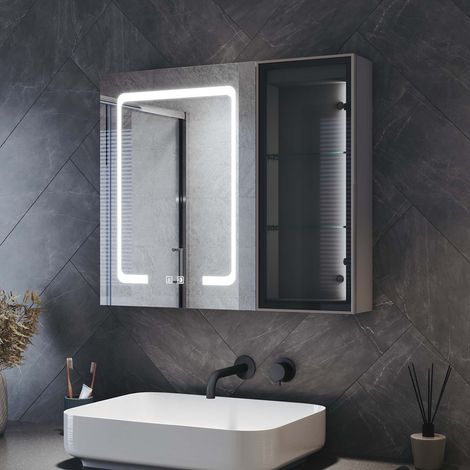 ELEGANT Bathroom LED Anti-Fog Mirror Cabinet with Glass Shelves, Dimmable LED Illumiated, Built-in Ambient Lighting, Shaver Socket, Moroccan Gray, 700x600x125mm (1/5)