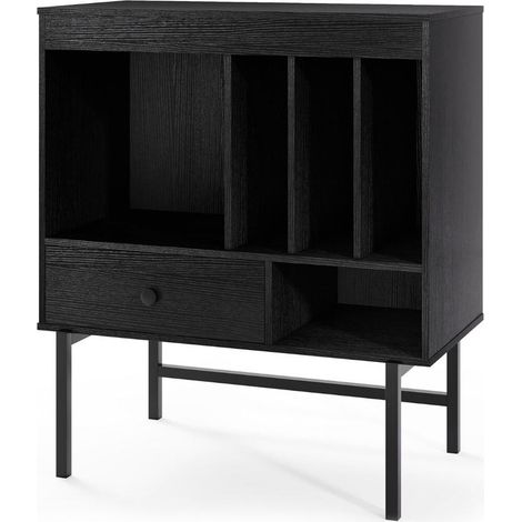 Design Moderne Pieds Métal Meuble Platine Vinyle avec Rangements Disques et Tiroir Support Tourne-Disque Salon (1/5)