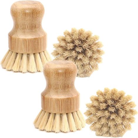 Cepillo de sisal natural para lavavajillas, cepillo redondo de bambú, para ollas, sartenes y verduras, 4 piezas (sisal)