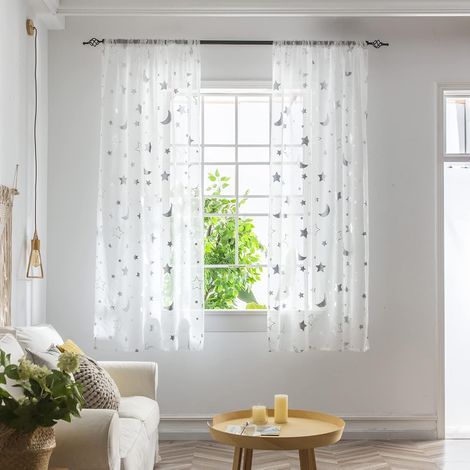 Rideaux en Voile Transparent à Motif d'étoiles et de Lune pour décoration de fenêtre,Rideaux et Rideaux avec Passe-Tringle pour Chambre à Coucher,Bureau,Salon,Argent,2 Panneaux,100 x 130 cm (1/5)