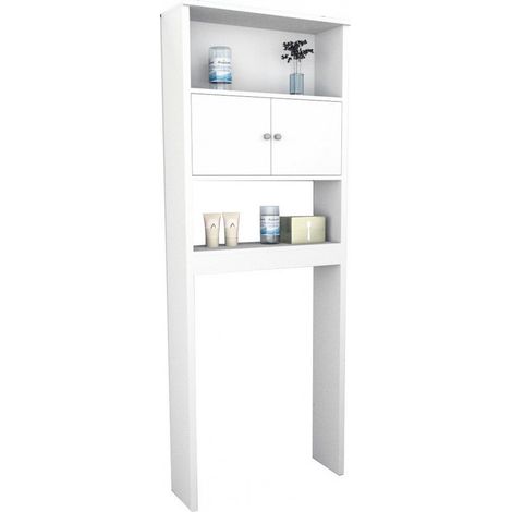 Beaux Meubles Pas Chers – Armoire de rangement pour WC blanche 2 portes – Dimensions L 65 x H 175 x P 22 cm – Matériaux FSC et mélaminé – 2 niches ouvertes (1/5)