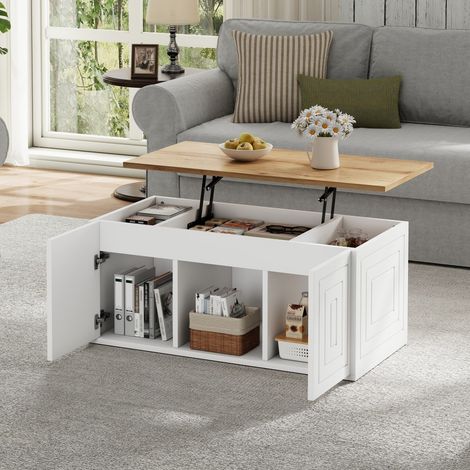 Table basse relevable - 95x46x45-59cm - Plateau bois et meuble blanc avec 2 portes et 6 niches - Style Japandi - Naturel (1/5)