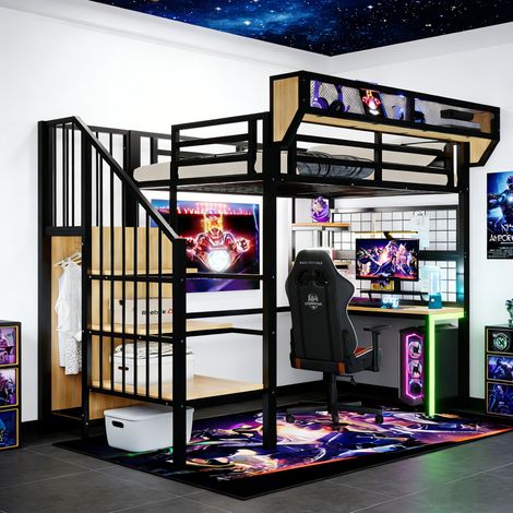Lit mezzanine métal 90x200 cm avec bureau, étagères, filet de rangement, escalier avec rangement, LED et prises, garde-corps surélevé - Noir