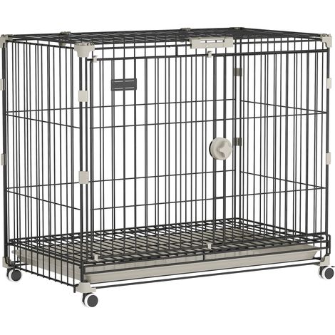 Faltbare Hundetransportbox mit Rädern, herausnehmbarer Schale und aufklappbarem Dach, 75,5 x 46 x 64,5 cm, Schwarz