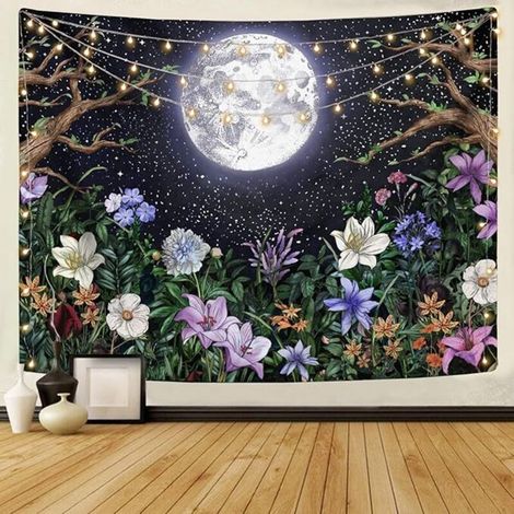 Tapisserie murale esthétique de jardin de lune, scène de nuit avec plantes et fleurs colorées, tapisserie pour chambre à coucher, décoration d'intérieur, 130 x 150 cm (1/5)