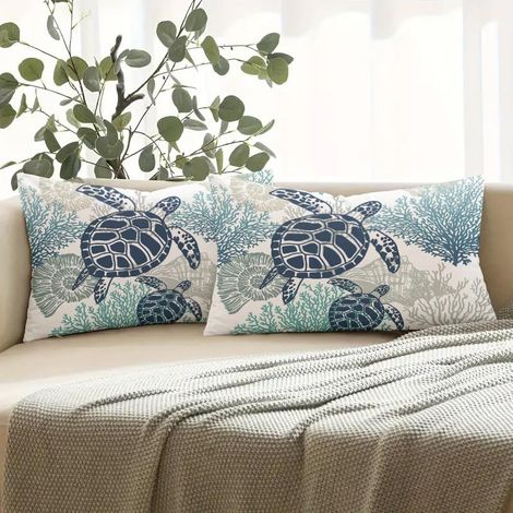 Housse de Coussin 30 x 50 Taie d'oreiller Lot de 2 Tortue Hippocampe Housse Coussin en Polyester Exterieur Impermeable Coussin Decoratif Canape Carre pour Patio Lit Voiture Vert (1/5)