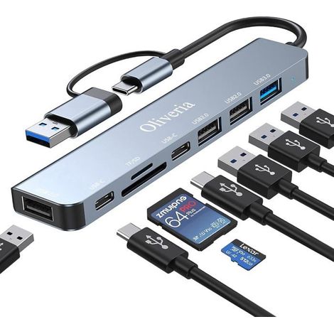 Hub USB C 3.0, Adaptateur multiport USB 3.0 8 en 2 avec Lecteur de Carte SD et TF, Ports USB 3.0 et USB 2.0, connecteur USB-C C (1/5)