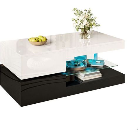 Table basse 90x50, design moderne noir et blanc table basse salon, LED intégrées Bluetooth, surface brillante facile d'entretien (1/5)