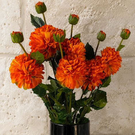 Pack of 6 x 75cm Artificial Dahlia PomPom Flower Stem Orange - Premium Quality (1/5)