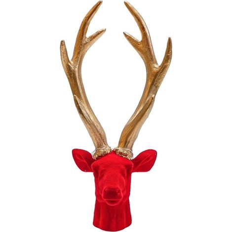 TrAdE Shop Traesio - Decorazione Natalizia Testa Di Renna Floccata Rossa Con Corna Dorate 12x10x25cm 638840 - (1/2)