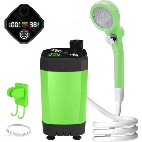 Pompe de douche de camping portable (verte) 6000 mAh rechargeable avec affichage LED intelligent et kit de douche étanche (1/4)