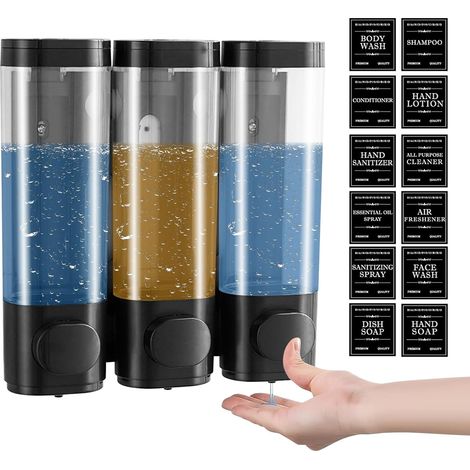 Distributeur de Savon Mural 3 Compartiments, 300ML, Sans Perçage, Distributeur Gel Douche et Shampooing Noir (1/5)