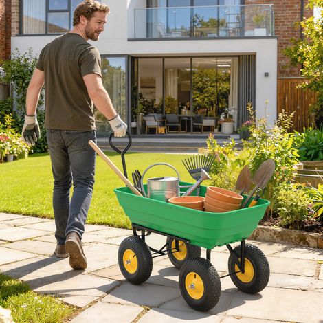 Chariot de Jardin à Main Benne basculante 75° 75L Charge Max. 200 Kg 4 Roues pneumatiques Acier PP Jaune Vert - Modèle