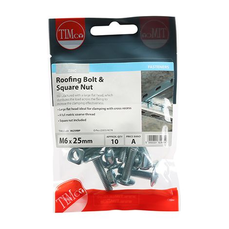 TIMCO Roofing Bolts & Square Nuts Silver - M6 x 25