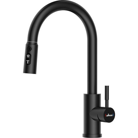 JANLEMNY Black Kitchen Tap Mixer with Pull Out Spray, Kitchen Mixer Tap with 3 Spary Modes, Single Handle Kitchen Sink Taps Stainless Steel Black-Double Broom