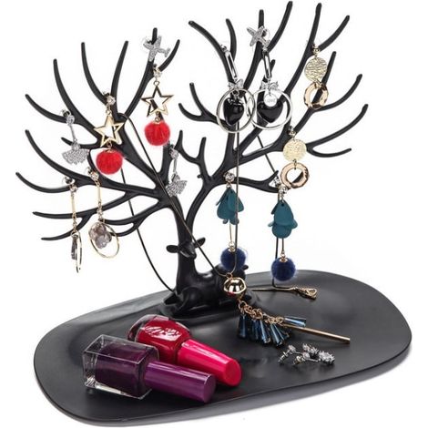 Porte-bijoux Stilrent en noir, arbre à colliers et bagues, 30 cm, support stable pour bureau, présentoir élégant, organisateur de bijoux compact (1/5)