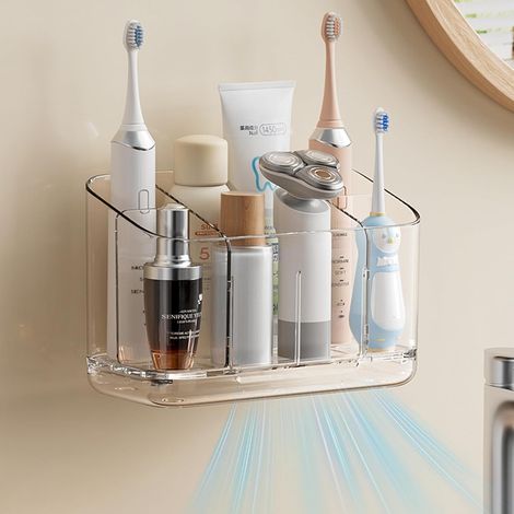 Porte-brosses mural avec drainage, support amovible et séparateur pour salle de bain. (1/5)