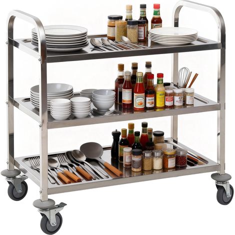 Chariot utilitaire à roulettes en acier inoxydable 90,5 x 50,5 x 88,2 cm, avec plateaux et 2 bras, couleur argent (1/5)