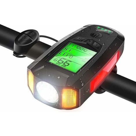 Éclairage vélo, Lumière Vélo Multifonctionnel avec Compteur Velo Vitesse Ordinateur Lumières de Cycle Étanches avec Modes D'éclairage Réglables Rechargeables USB 300LM et Loud Bell (1/5)