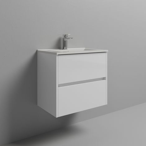 Montego Gloss White 600mm Wall Mounted 2 Drawer Vanity Unit with Angel Basin