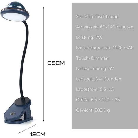 Lampe à pince LED - - Clip Étoile - Projection étoilée - Rechargeable USB - Col de cygne 360° (1/5)