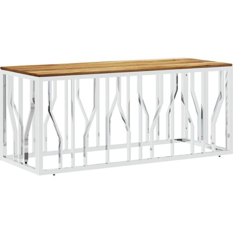 Table basse Table de salon Table de café argenté acier inoxydable et bois massif d'acacia (1/5)
