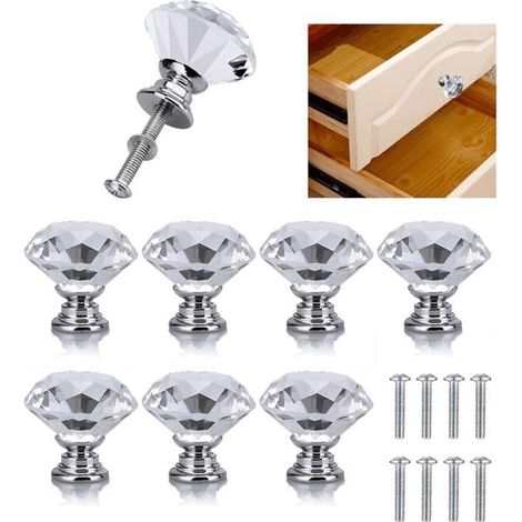 8 Pcs Bouton de Porte de Cristal, Poignées de Diamant, Poignee de Meuble Diamant, Poignée Boutons Décoration de Armoire, Tiroir, Cuisine Bouton Poignées - 30 mm (1/5)
