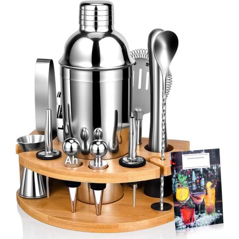 Coffret à cocktails - Kit de barman - Shaker 12 pièces en acier inoxydable avec support en bambou et livre de recettes - 1 coffret - Noir (1/5)