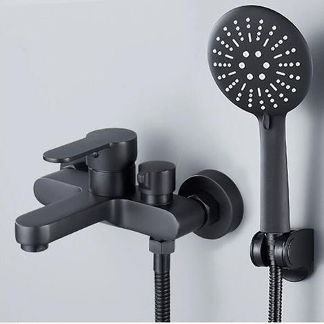 Mitigeur Baignoire Noir avec Douchette 3 Jets - Robinet Douche Mural - Monocommande pour Bain avec Support et Flexible (1/4)
