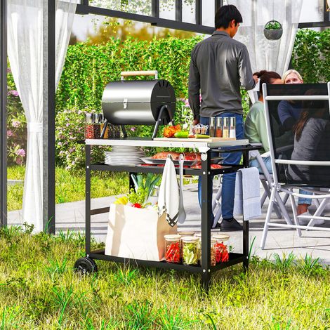 Carrello/carrello di servizio a 3 ripiani per barbecue con piano di lavoro, maniglie, copertura e ruote, in acciaio inox, dimensioni 100x52x80 cm, colore nero.