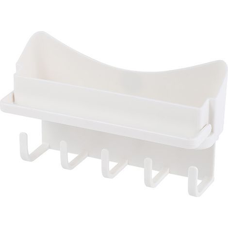 Estante organizador para ducha y baño - No requiere perforación. Cesta de baño colgante con mini toallero y 5 ganchos. Accesorio de baño, 1 pieza, blanco. (1/4)