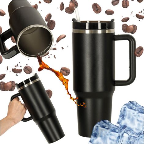 Tazza termica con cannuccia e manico 1200 ml nera (1/5)